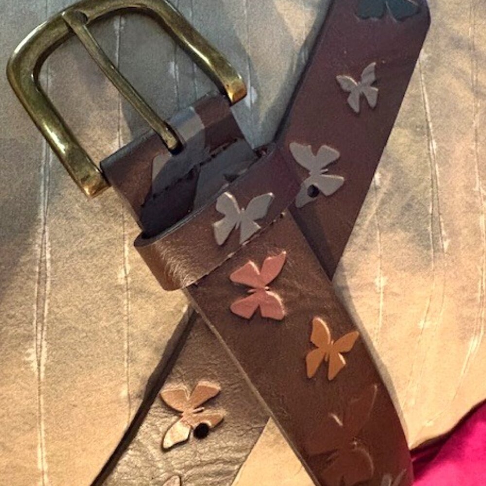 BUTTERFLY MOTIF 70S BOHO HIPPIE FAUX LEATHER BROWN BELT WOMENS LARGE